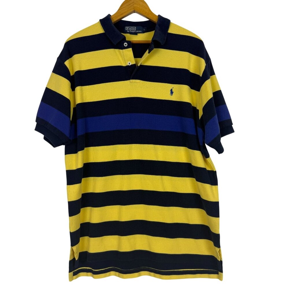 Vtg Polo Ralph Lauren Striped Rugby Shirt Large Short Sleeve Yellow Blue Cotton